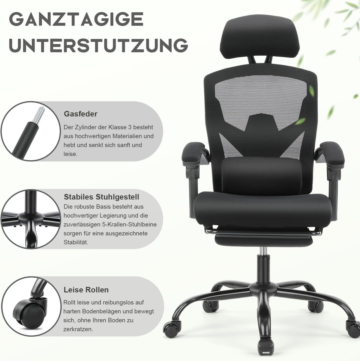 DUMOS Ergonomische bureaustoel, een bureaustoel met comfortabele armleuningen, uitgerust met een comfortabele lendensteun en voetensteun, geschikt voor thuis