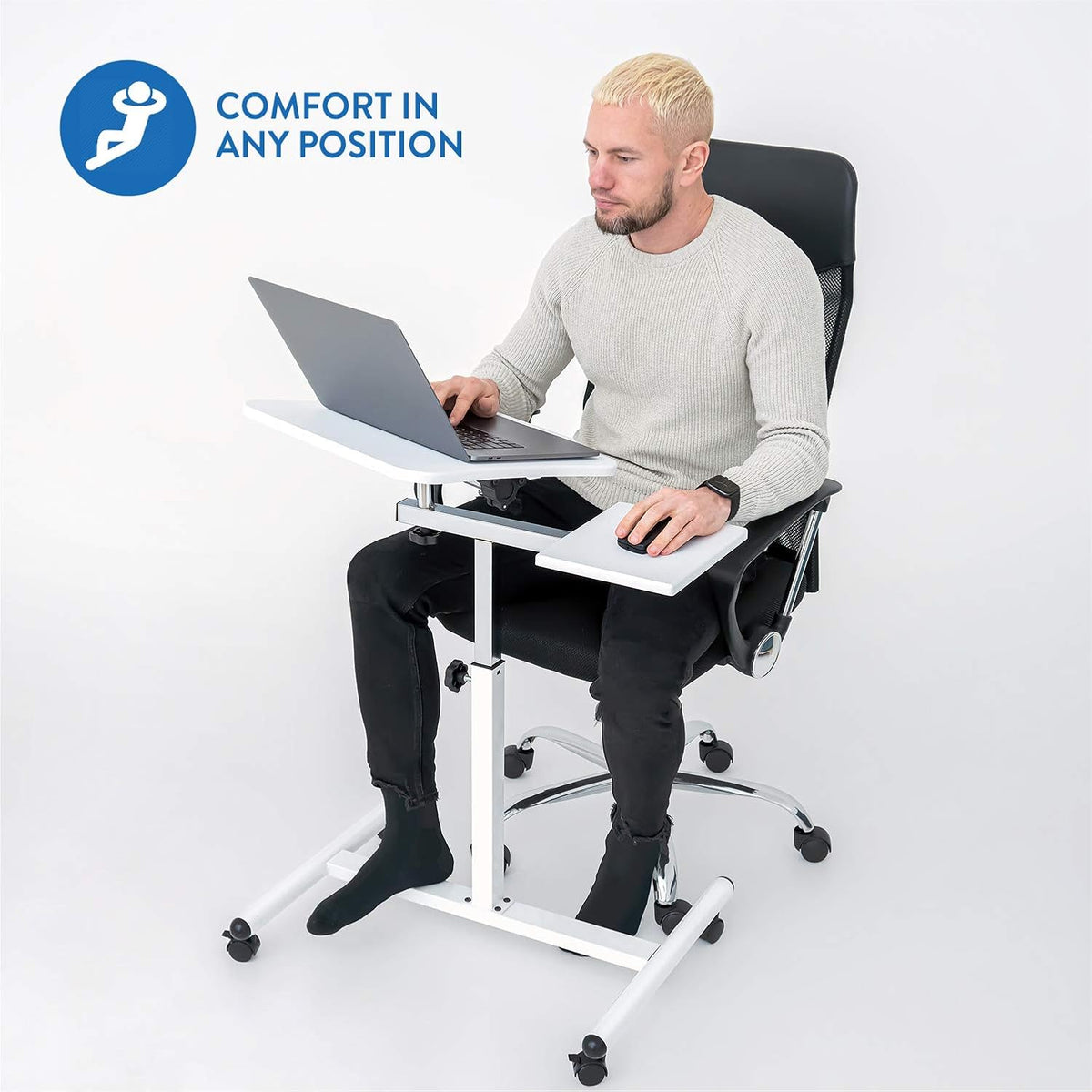 Tatkraft Bianca Ergonomisch Stijlvol Verplaatsbaar Laptopstandaard Bureau met muisbord op wielen, verstelbare hoogte van 72-110 cm, 360 ° draaibaar en 160 ° kantelbaar voor handig staand en zittend werken, Geschikt voor 7-17 '' laptops, Stevig elegant ont