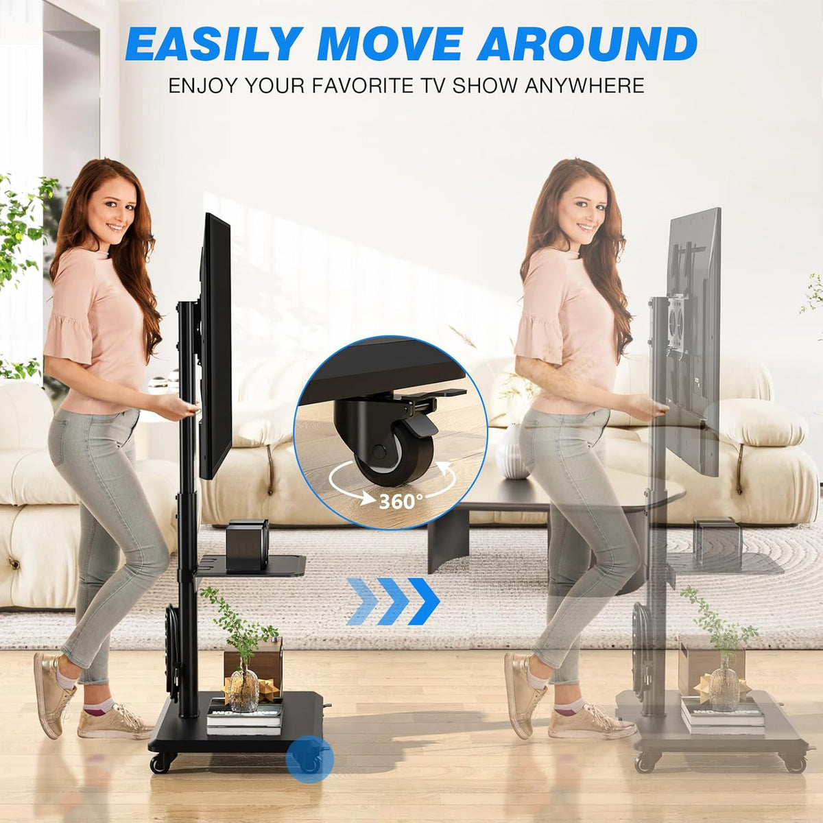 5Rcom Mobiele tv-standaard op wielen voor platte gebogen 32-55 inch tv's, draaibare rollende tv-standaard met houten basis, in hoogte verstelbaar met één plank Max VESA 400x400 mm tot 35 kg
