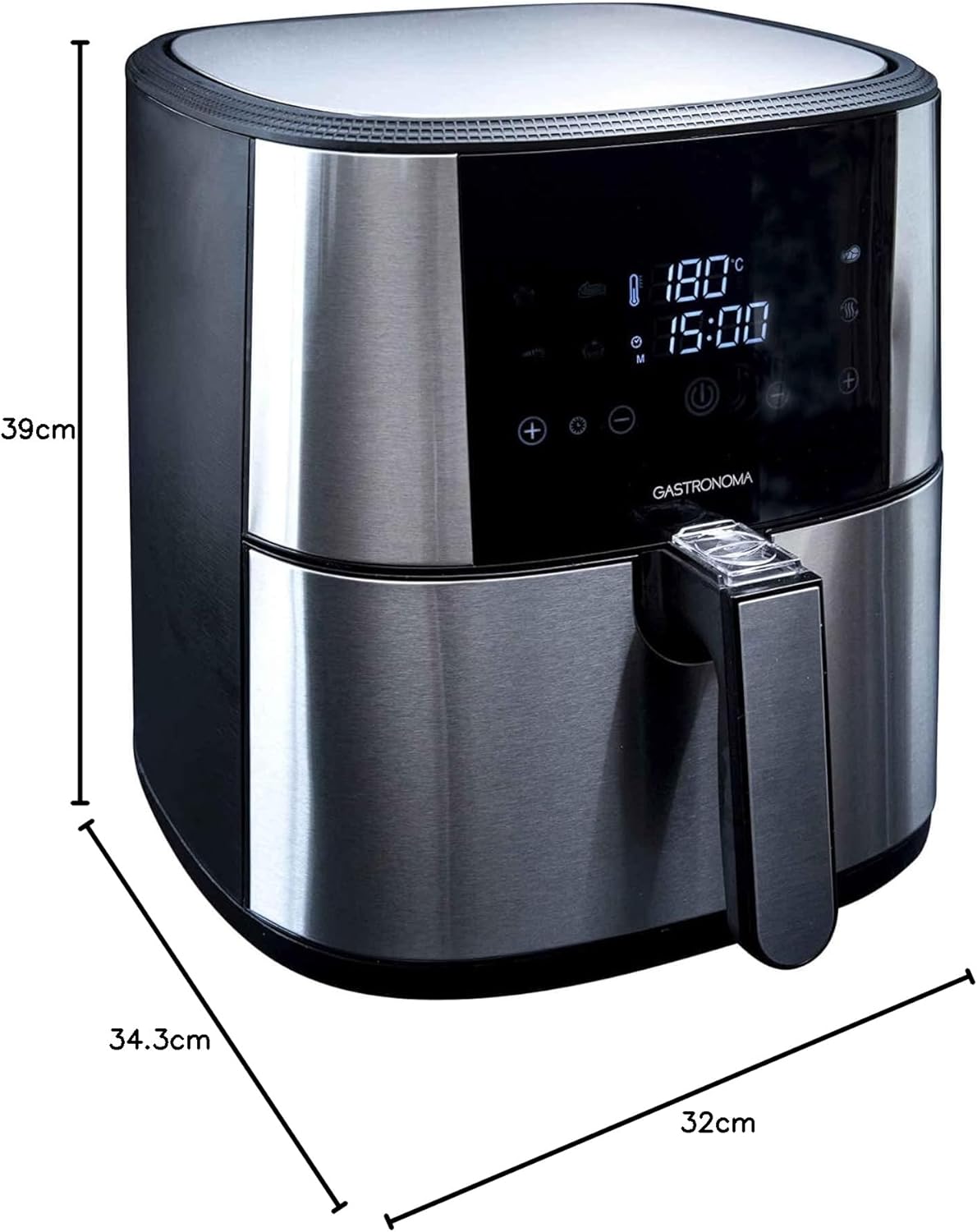 Gastronoma 18290002 Heteluchtfriteuse, 6 liter, XXL, van roestvrij staal, met digitaal led-display, 8 programma's, 1800 watt, heteluchtfriteuse, zonder olie, roestvrij staal, zwart