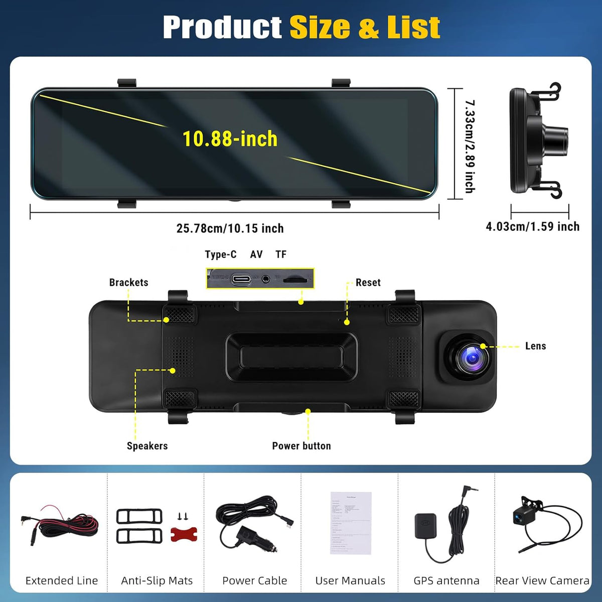 Spiegel Dashcam met Achteruitrijcamera – Dashcam, Autocamera, Spiegelcamera, Rijcamera – 10,88 Inch IPS-Touchscreen – 4K Voorcamera En 1080p Achtercamera