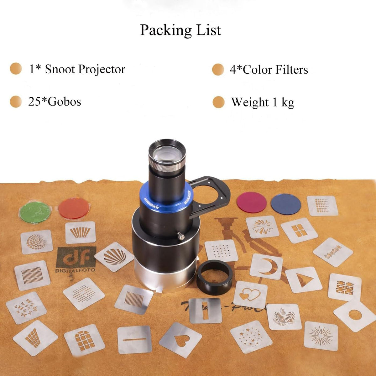 DF DIGITALFOTO Optische Snoot Bowens Mount Gobo Projector, 25 Gobo's, Projectie Opzetstuk voor Fotografie Spotlight, Compatibel met Aputure Amaran 100X/D 200D/X, Godox SL60 voor Portret, Focusbaar