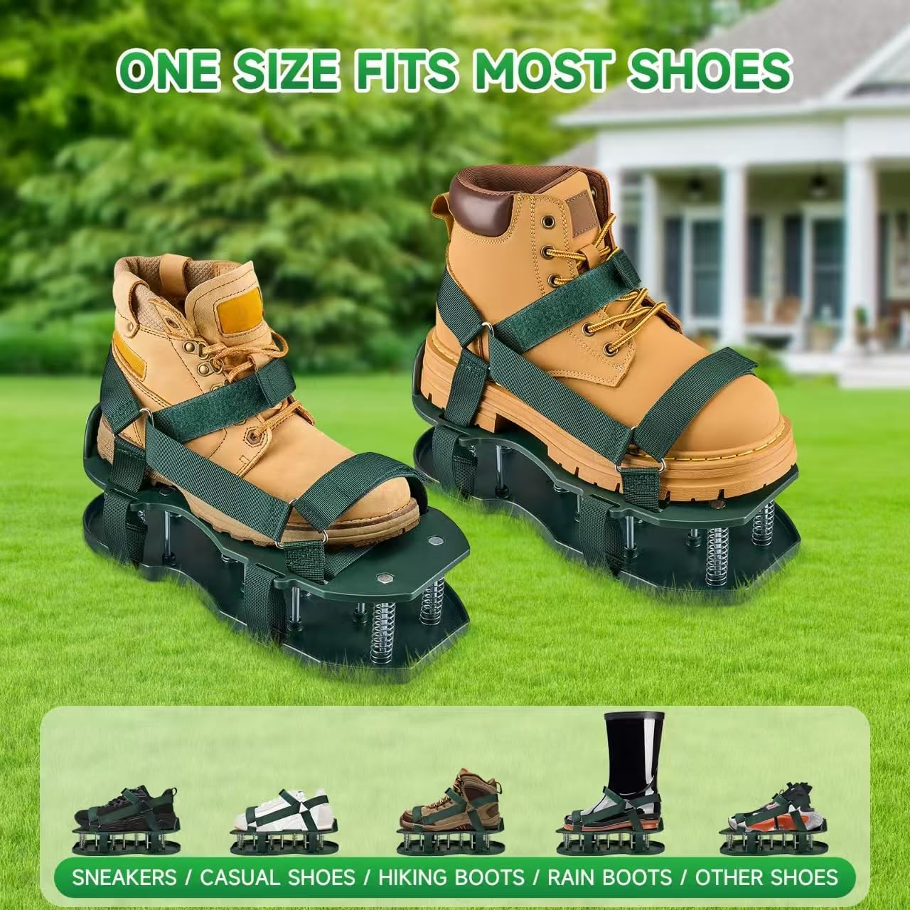 Gazonbeluchterschoenen met veerbasis, gratis installatie gazonbeluchter met automatische blad- en vuilreiniging, zware spike-schoenen voor gazononderhoud, verstelbare veters - perfect voor gazon, tuin