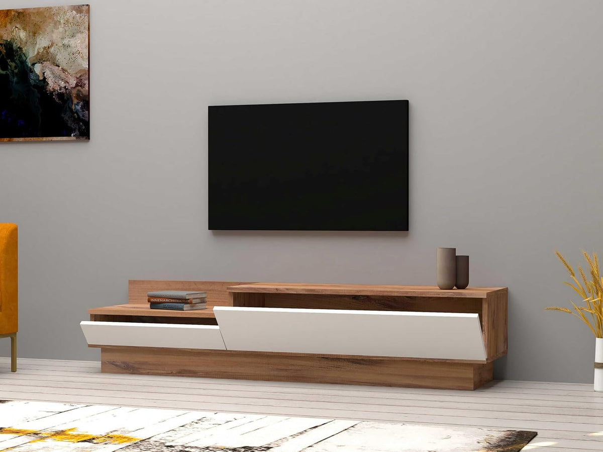 Hanah Home Scandinavian TV standaard, Atlantic Pine & White, 160 x 35 x 35 cm | 100% Melamine Coated Particle Board, 18 mm dik | Stijlvol Design met extra opslag