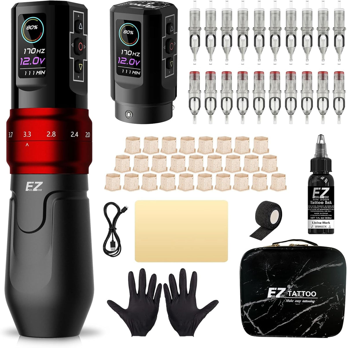EZ P3 Pro Wireless Tattoo Machine - 6 Strokes 2.0, 2.4, 2.8, 3.3, 3.7, 4.2mm Bluetooth Tattoo Machine with OLED Digital Display 1600mAh Battery Power (Glossy Black)