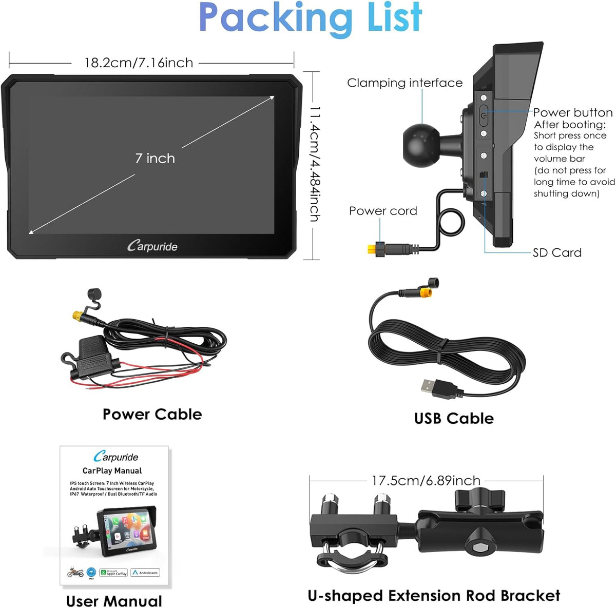 Motorfiets CarPlay Scherm – Draadloze CarPlay – Android Auto – Moto Display – Motor GPS Touchscreen – 7 Inch HD IPS – IP67 Waterdicht – Dual Bluetooth Connectivity