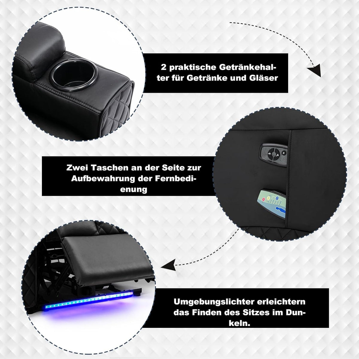 Elektrische Relaxfauteuil – Verstelbare Relaxstoel – Tv Stoel – Massagefauteuil – Zwarte Kunstleren Fauteuil – Traploos Verstelbare Rugleuning – Ingebouwde LED-Verlichting