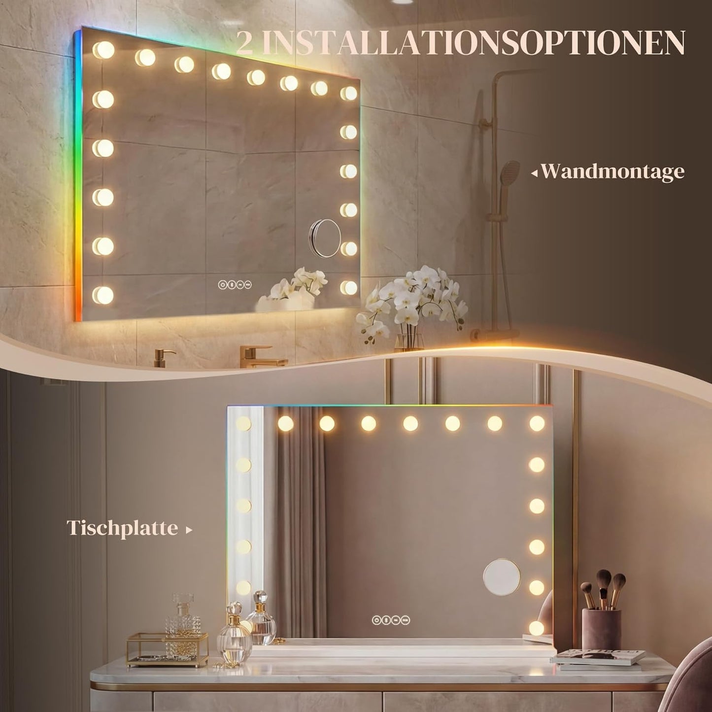 Make-up Spiegel – Hollywood Spiegel – Verlichte Spiegel – LED Spiegel – Make-up Vanity Spiegel – 80x60 cm – 18 Dimbare LED-Lampen – 10x Vergroting