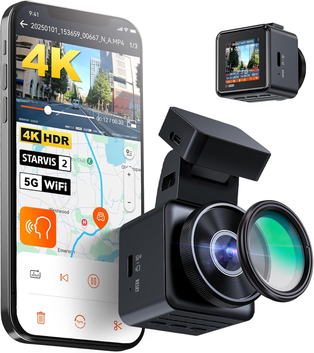 VANTRUE E1 Pro 4K Mini Dash Cam Voorkant, STARVIS 2 Plate Pix™ HDR Nachtzicht Autocamera, Ingebouwde 5G WiFi GPS, 1,54'' scherm, LTE-ondersteuning, Spraakbesturing, 24H Gebufferde Parkeermodus, On
