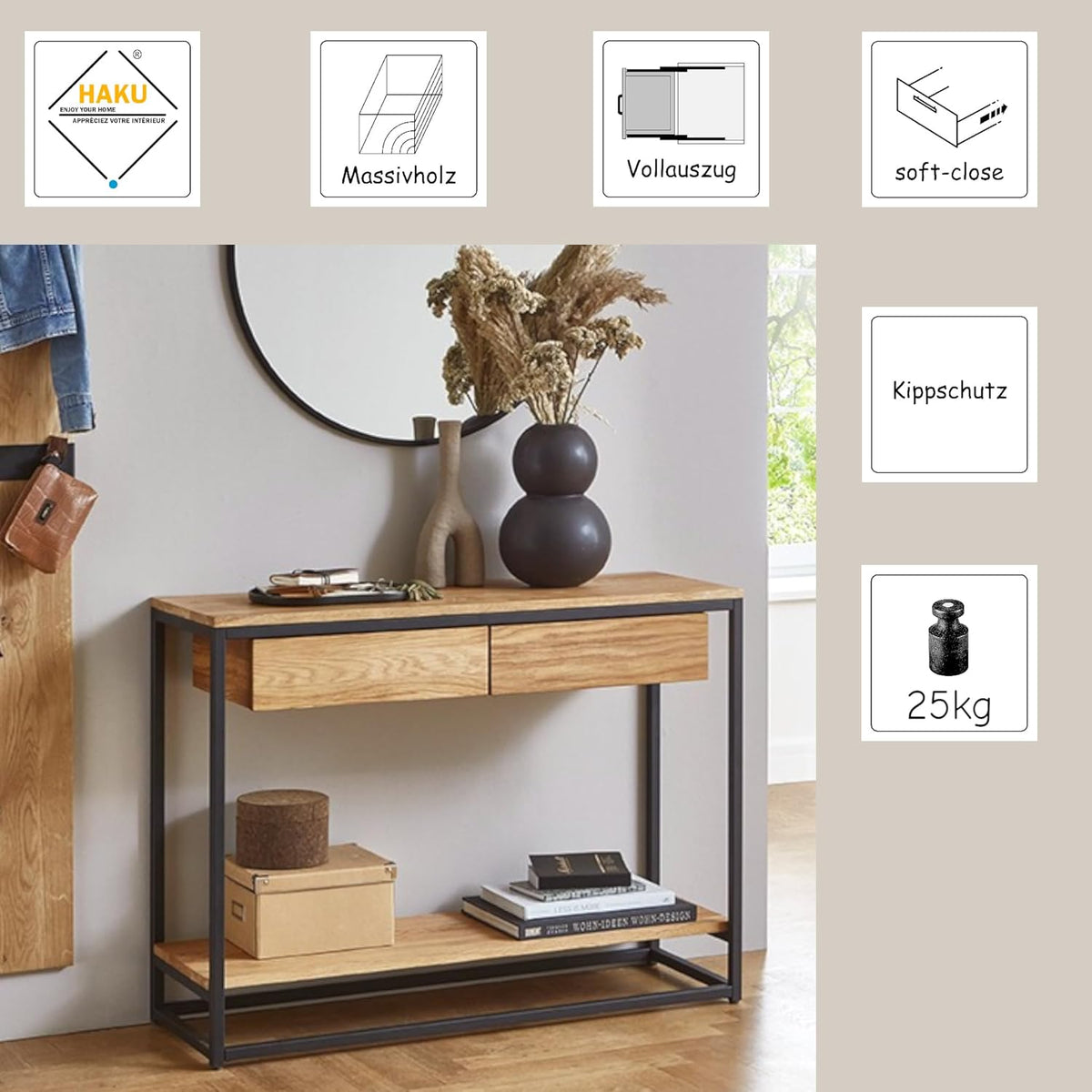 HAKU Console eiken, zwart, Massief hout, metaal - Maat: B 100 cm x H 75 cm x D 35 cm, Stijl: Modern
