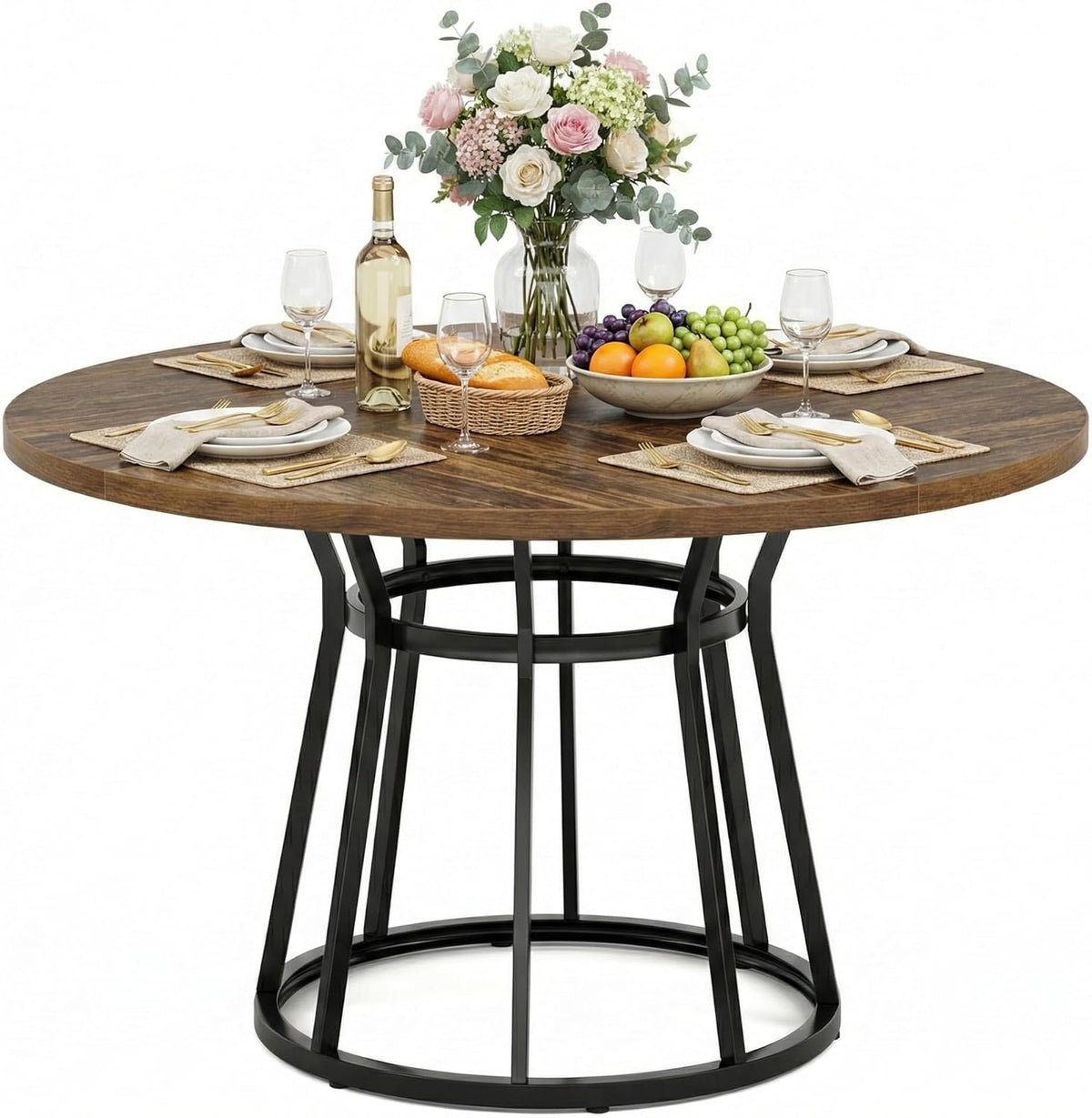 Lailang 120cm Eettafel, Eetkamertafel Rond, Kitchen Dining Table, Houten Eettafel, Dining Table For 4, 120 x 120 x 75 cm, Brown Black
