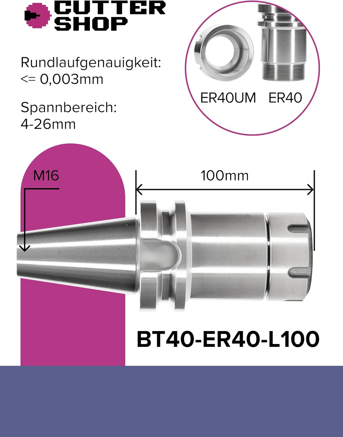 CNC-spantangenhouder voor freesmachines (BT40-ER40-L100)