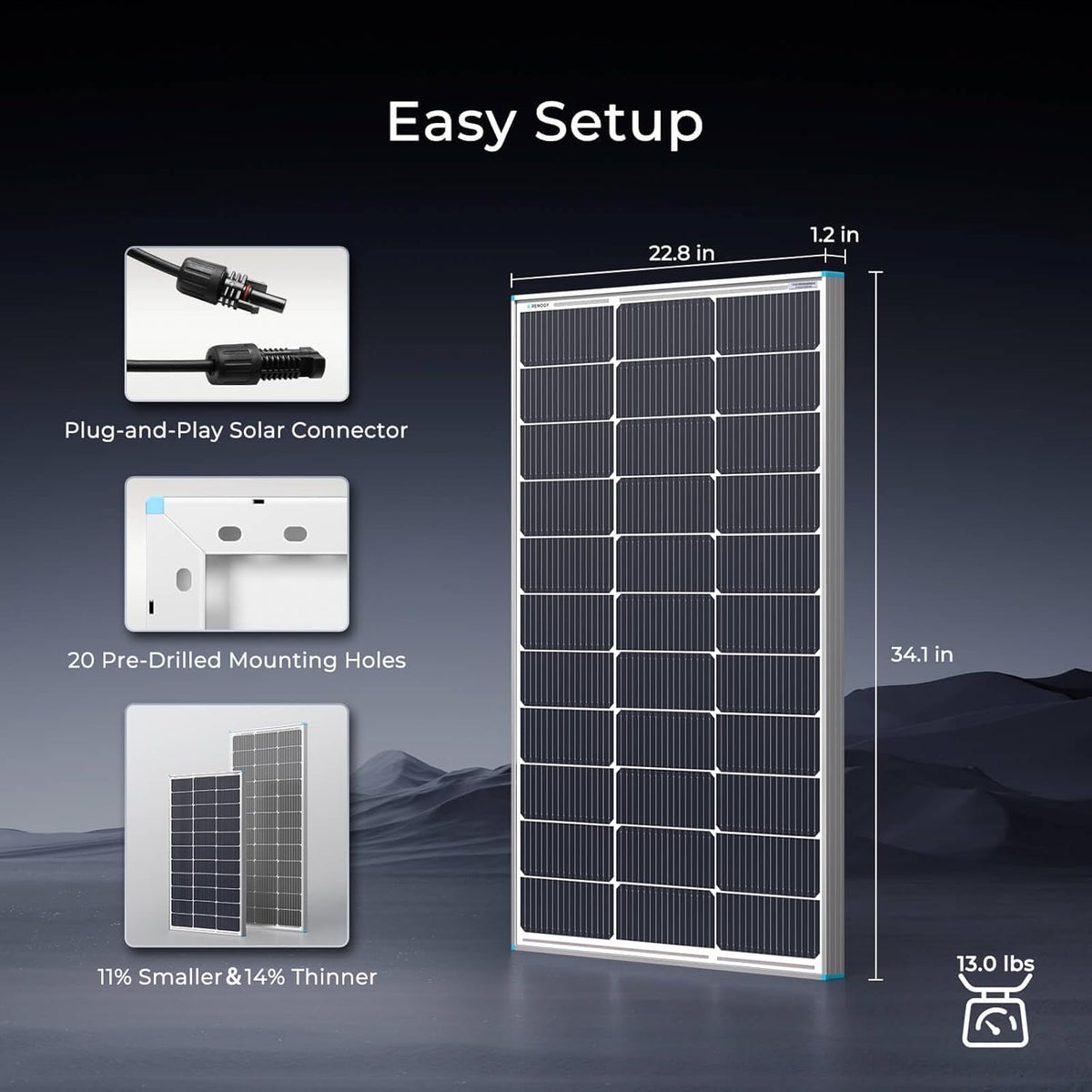 Renogy 2 zonnepanelen 100 watt 12 volt, zeer efficiënte monokristallijn PV-module, oplader voor camper, marine, dak, boerderij, batterijen en andere netonafhankelijke toepassingen, 2 stuks 100 W