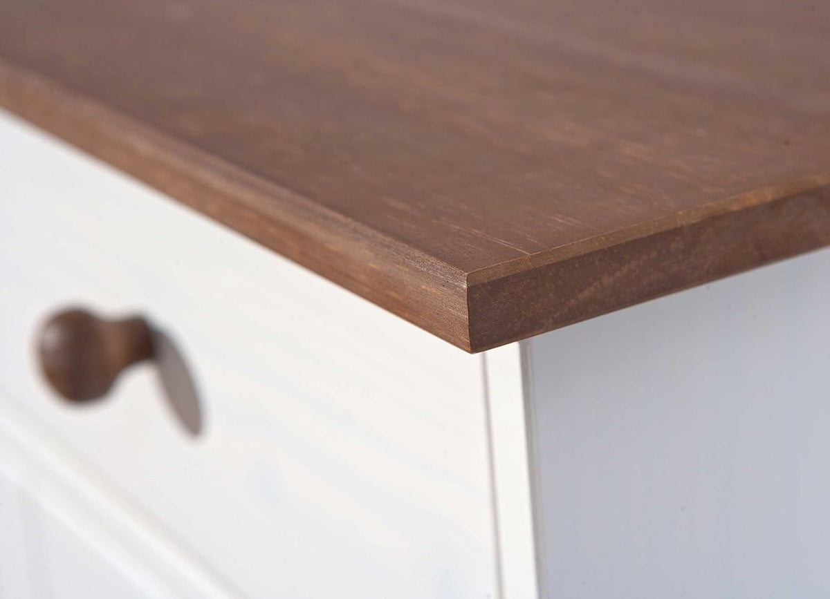 Dressoir met 3 deuren en 3 laden van water-based wit gelakt massief grenen met een bruine afwerking