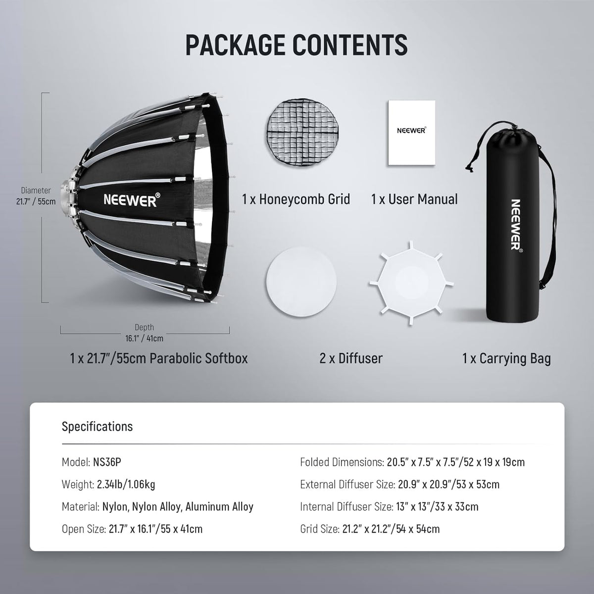 Parabolische Softbox-set – Softbox – Studiosoftbox – Fotosoftbox – Videosoftbox – 55 x 37 cm – Bowens Aansluiting – Snelontgrendeling & Dubbele Diffusers