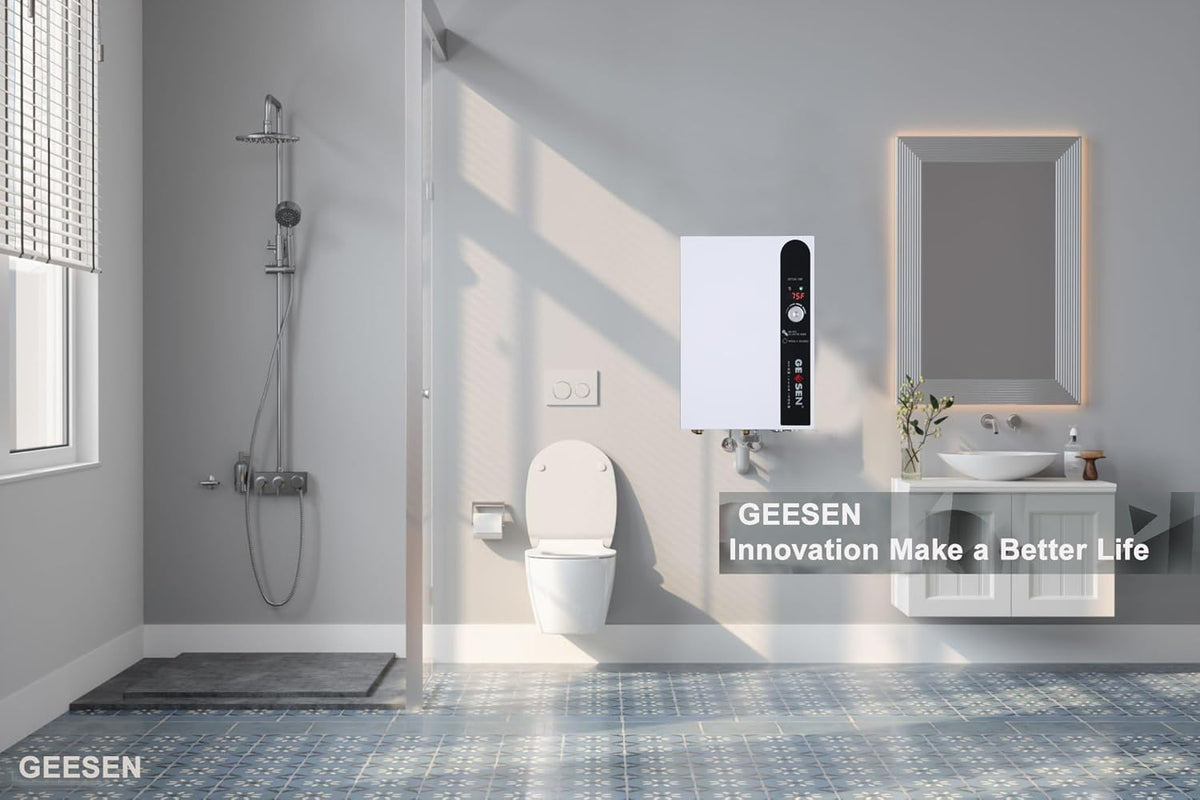Tankloze elektrische doorstroomboiler, 27 kW, 240 V, eindeloos heet water op aanvraag, met digitale temperatuurweergave voor douches, 114 A, wit