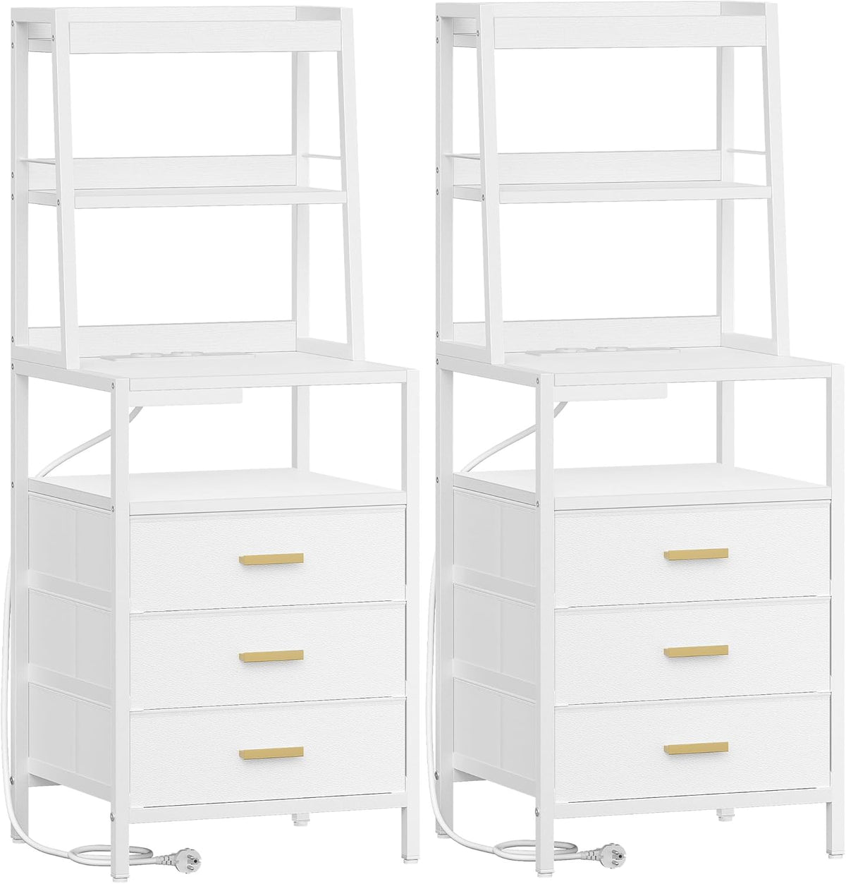 Hzuaneri Bedside Table Set of 2, Bedside Table with Charging Station and Metal Storage Shelf, 2 Sockets and 2 USB Ports, Side Table with 3 Fabric Drawers, For Bedroom, Living Room, White NS10613W