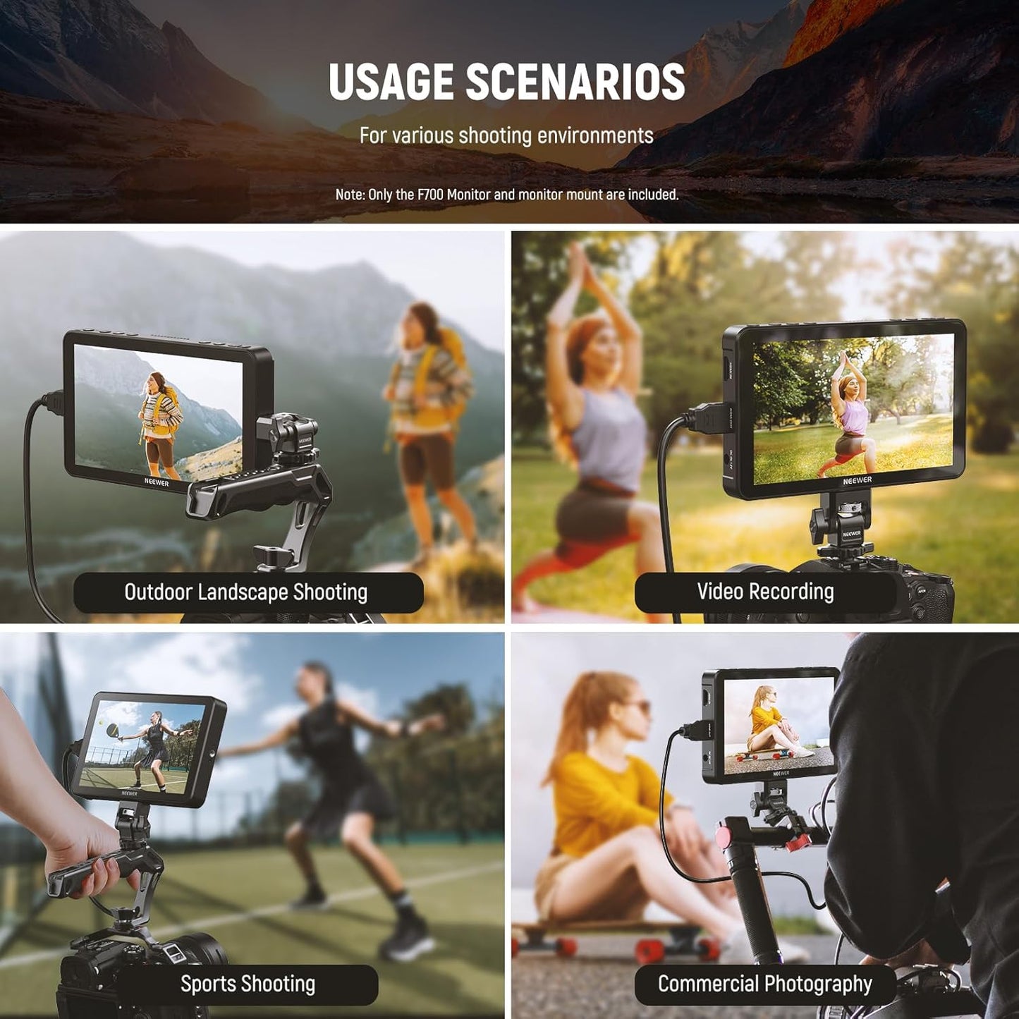 NEEWER F700 7 inch veldmonitor voor camera, 2000nit HD 1920 x 1080 IPS touchscreen 3D LUT, Loop in/out HDMI 4K Peak Focus DSLR Video Assist HDR Waveform, ColdShoe, 2 accu's NP-F750, reinigingsdoek