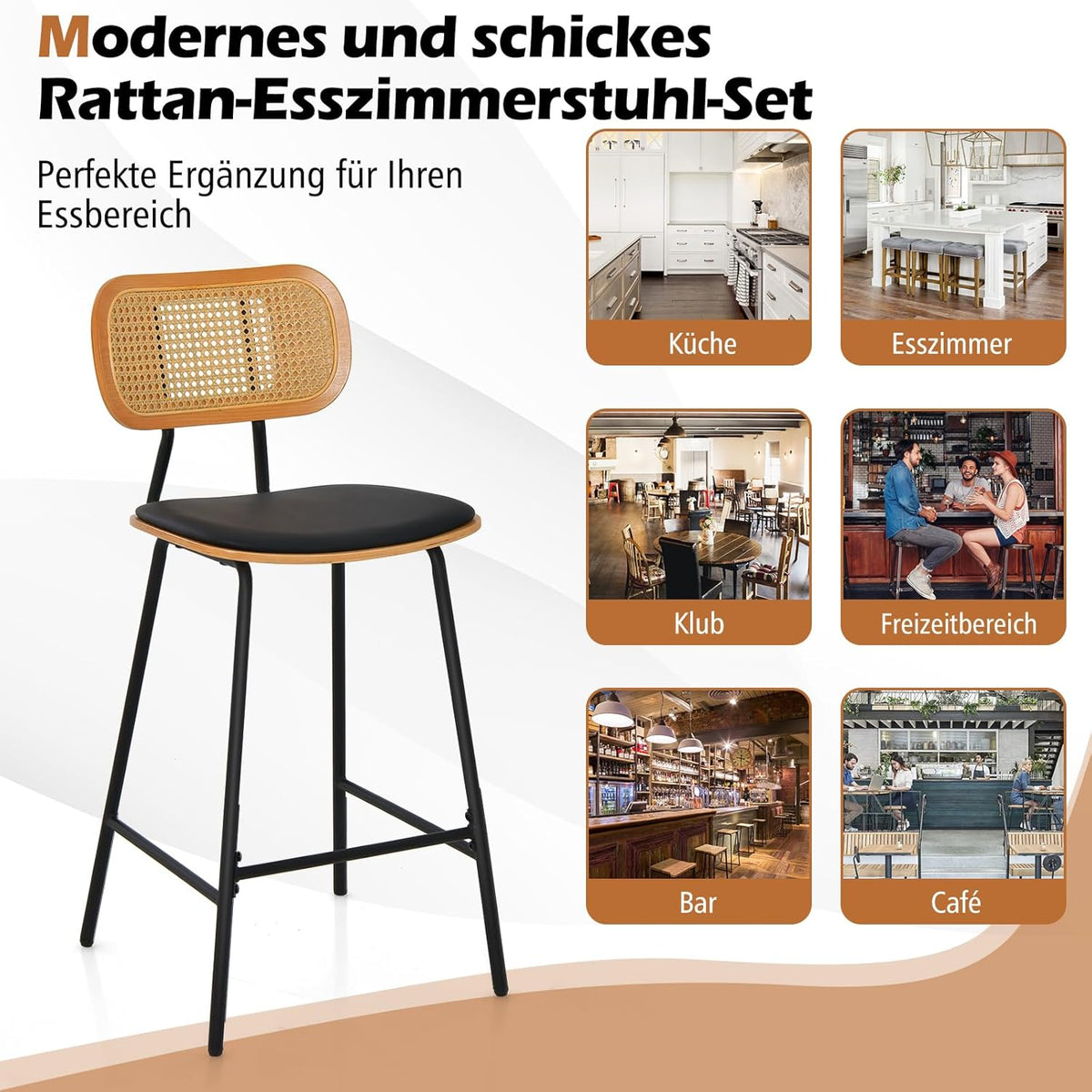 FANTASK Barkruk set van 2 stuks, barkruk met rotan rugleuning en gevoerde zitting, barstoel met voetensteun, tot 140 kg, draagbaar voor keuken, woonkamer, café
