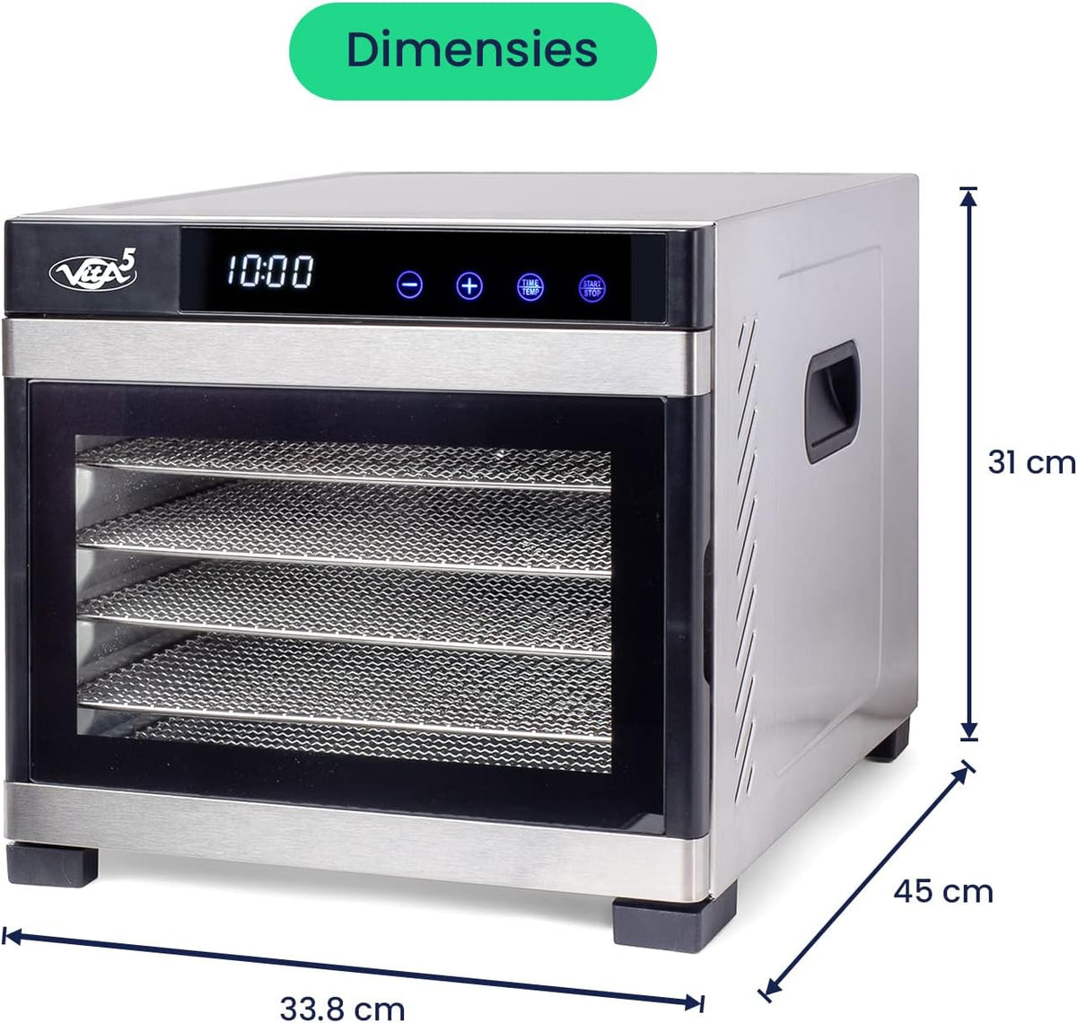 Vita5 Nobel Pro6 Voedseldroger van roestvrij staal met 6 lades - Voedseldroger voor vlees. fruit. groenten en champignons - 24-uurs timer en instelbare temperatuur 35-75°C - 650W