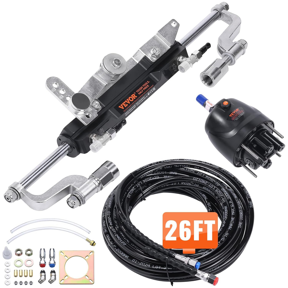 VEVOR Hydraulische buitenboordstuurset, 300 pk, hydraulisch stuursysteem voor scheepsboten, met roerpomp tweewegslotrisecilinder en 26 voet hydraulische stuurslang, voor enkelmotorboten met één