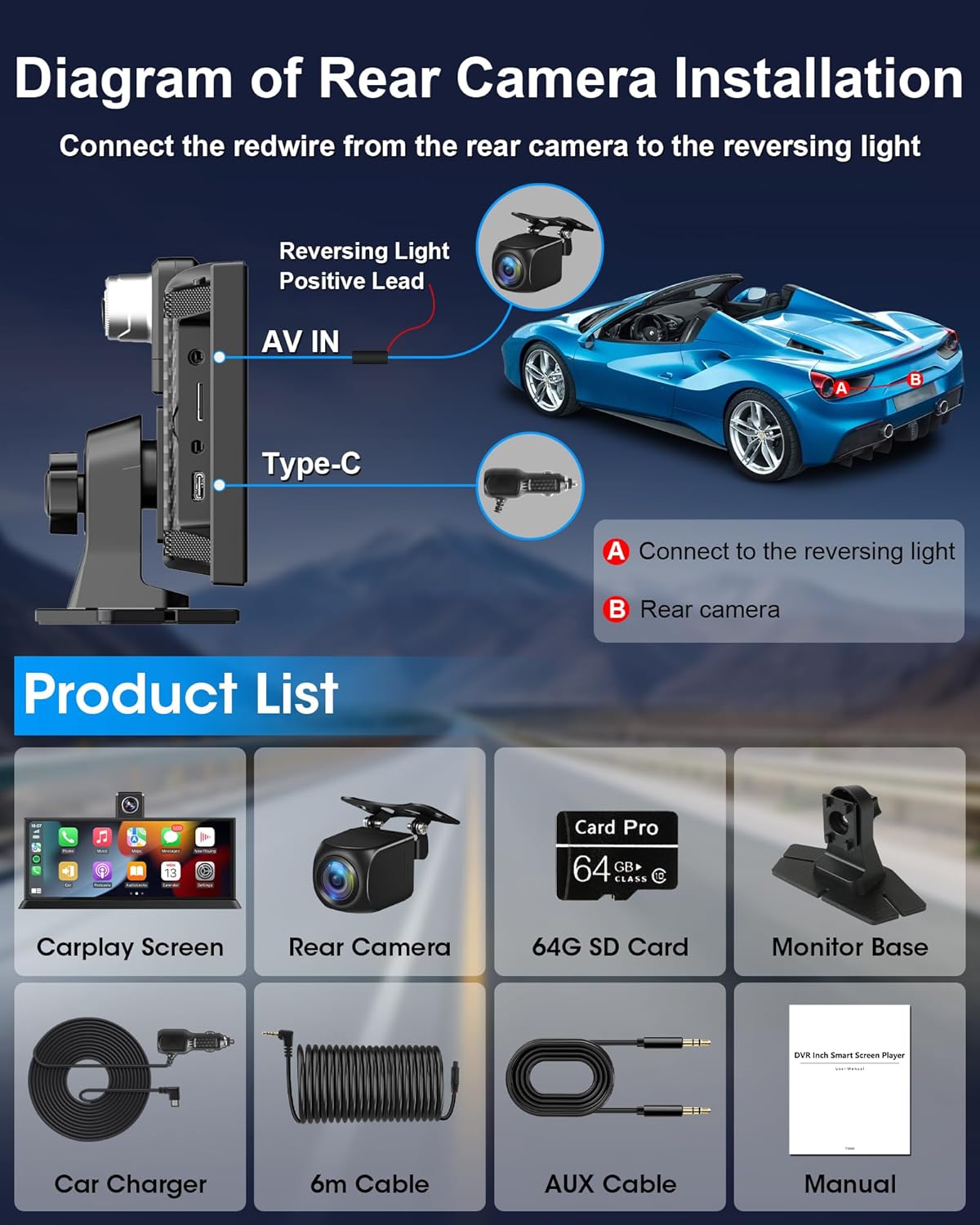 27,9 cm (11,26 inch) HD Touch Car Play Auto, 4K display, Carplay auto met 350° frontcamera, 64G SD-kaart, Carplay Android Auto Car Play Co.che voor GPS-navigatie, G-Senor Loop-opname