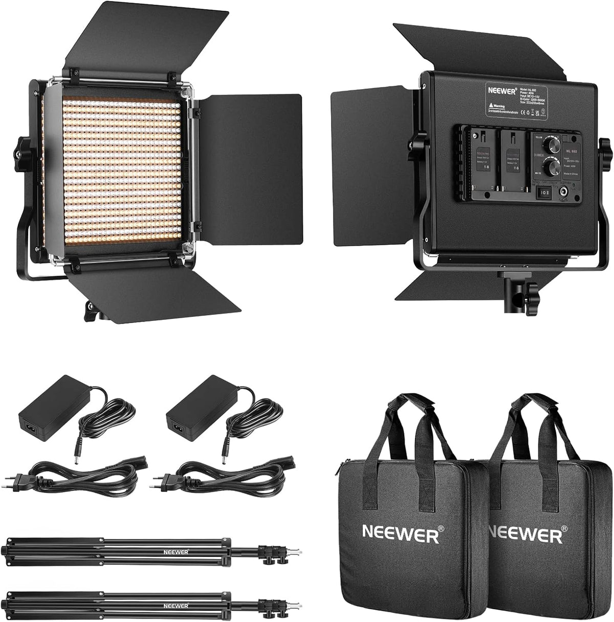 2-Delige Tweekleurige LED-videolichtset – Studiolamp – Fotolamp – Videolamp – LED Lamp – Tweekleurig 3200-5600K En CRI 96+ – Inclusief 2 Verstelbare Lichtstatieven Tot 200 Cm