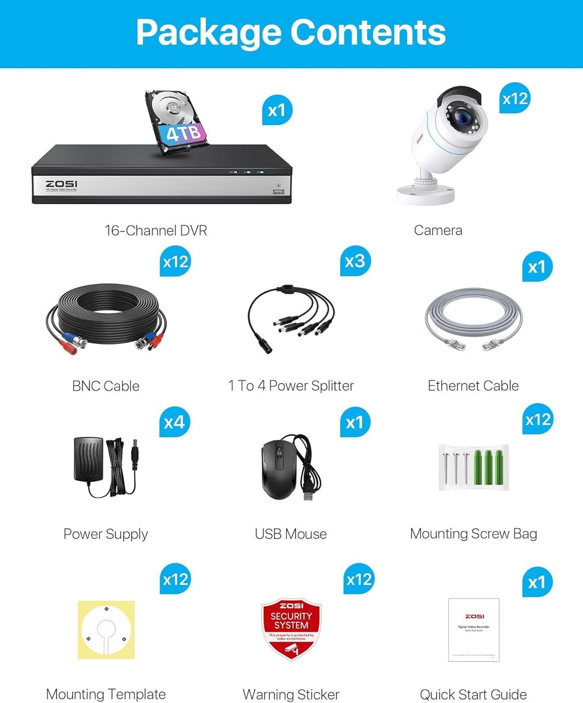 ZOSI IA CCTV-systeem – intelligente detectie van personen/auto, 12 camera's hoek 90°, nacht 24 m, DVR 16 CH + 4 TB