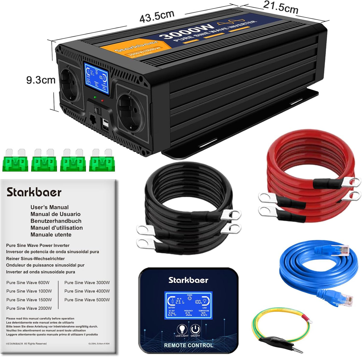 <font dir="auto" style="vertical-align: inherit;"><font dir="auto" style="vertical-align: inherit;"> 3000W/6000W 12V to 230V Pure Sine Wave Power Inverter, Car Charger with LCD Display, Remote Control, 2 EU AC Outlets, 1 Type-C and 1 USB Port