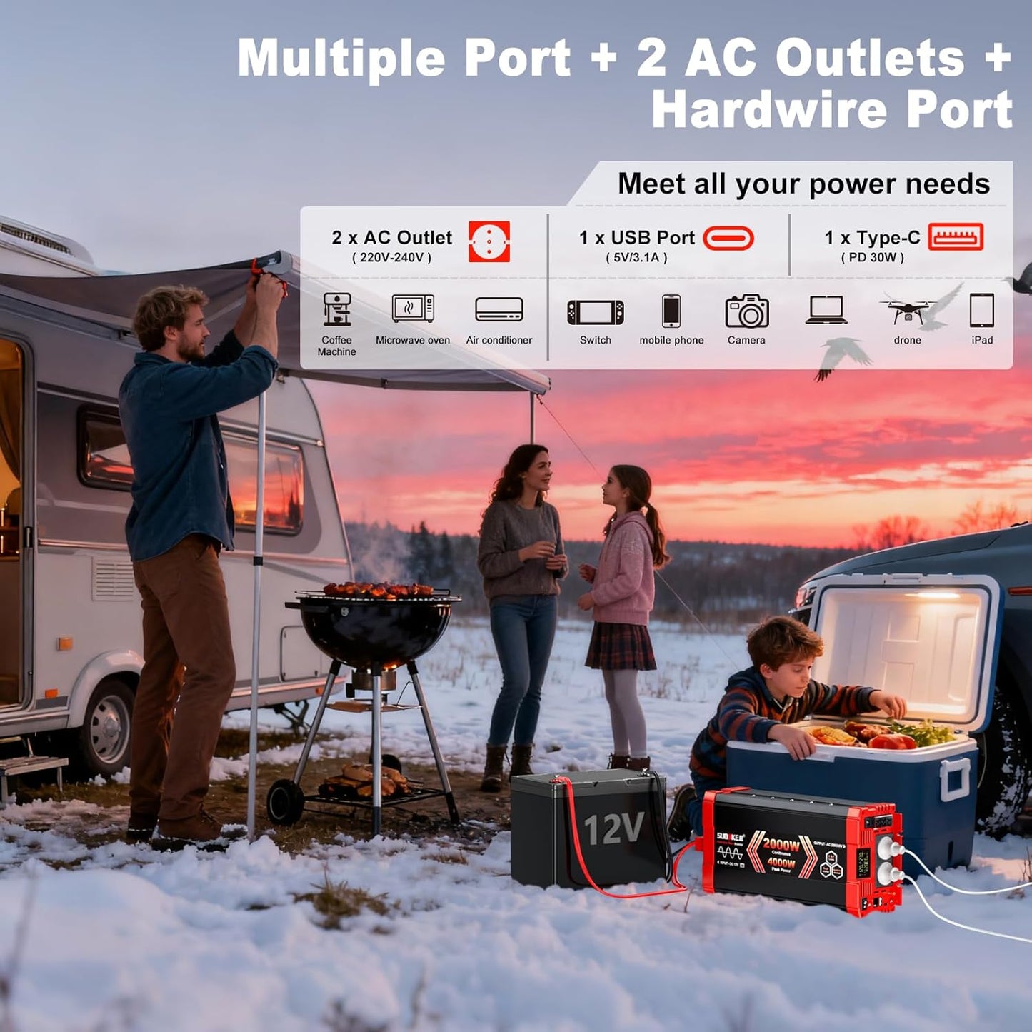SUDOKEJI Omvormer, zuivere sinus, 2000 W/4000 W, spanningsomvormer, 12 V naar 230 V, EU-stopcontact met lcd-scherm en afstandsbediening, USB-poort voor auto, vrachtwagen, camping