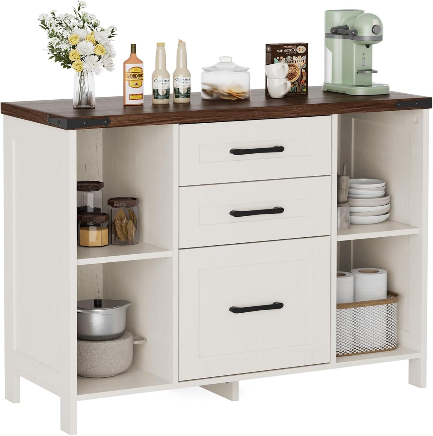 Dossierkast, met 3 laden en 4 open vakken, opbergkast, archiefkast voor kantoor en thuis, multifunctionele kast met verstelbare vakken, 88 x 35 x 66 cm, wit
