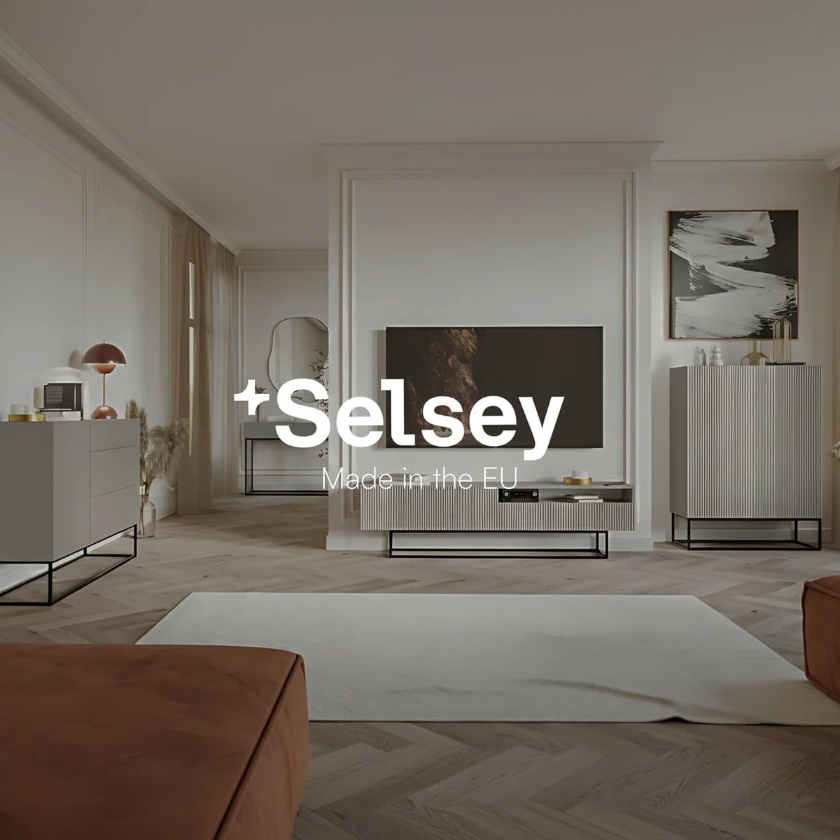 Selsey Zwevende Consoletafel 90 cm grijs taupe met lade en lamellenfront, moderne wandconsole met push-to-open, smalle sidetable hal slaapkamer woonkamer, console table met opbergruimte