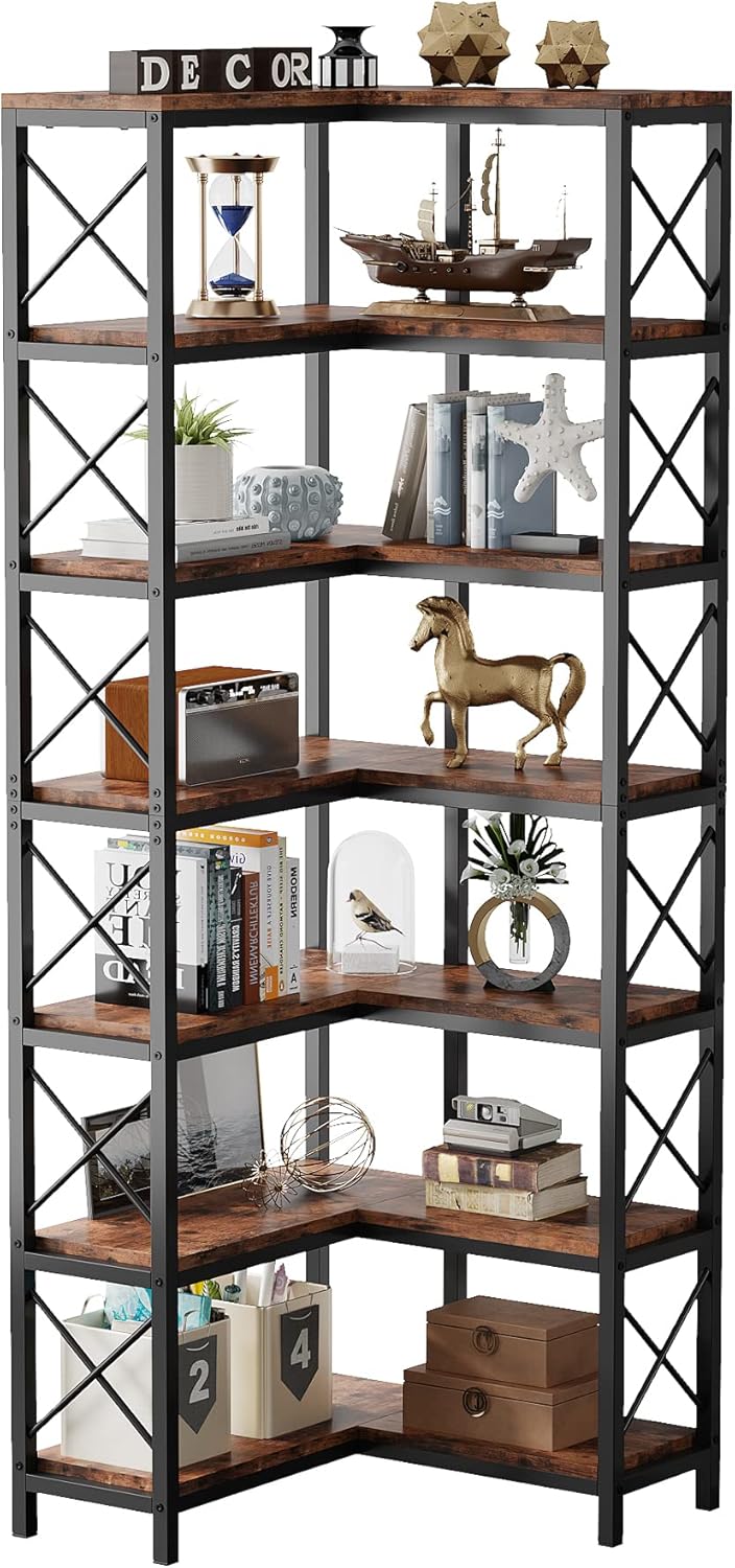 Tribesigns Corner Bookcase, Tall Bookshelf, Industrial Large Corner Shelf, Floor Standing Corner Shelf, Metal Frame Storage Rack for Living Room, Home, Office (7 Shelves)