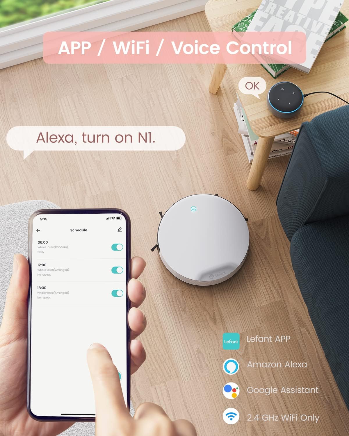 LEFANT N1 Robotstofzuiger, wifi-robotstofzuiger met 4500 Pa zuigkracht, compatibel met Alexa en app-bediening, zelfopladen, stille werking