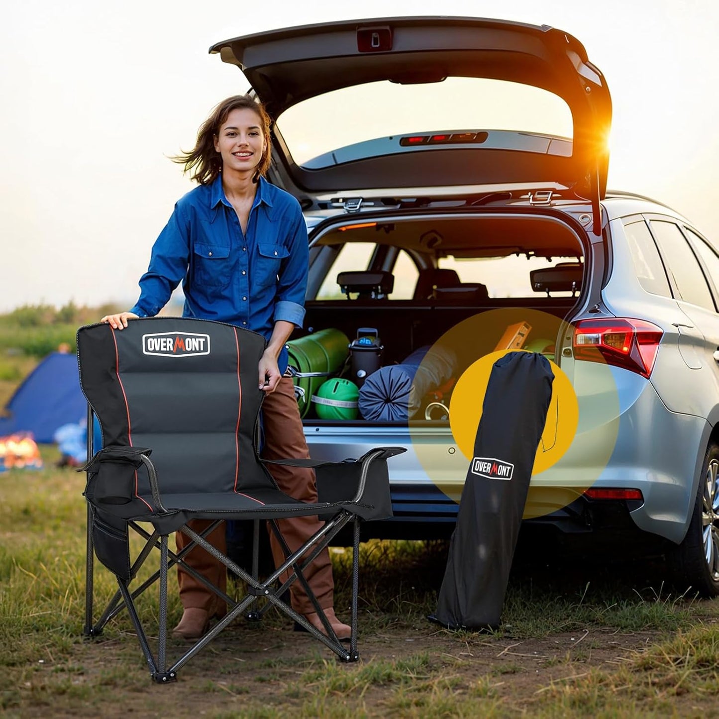 OVERMONT 2 stuks extra grote campingklapstoel voor volwassenen met zijzak en draagtas - Heavy Duty stalen frame ondersteuning 204 kg met hoge rug en bekerhouder, comfortabel voor tuin, picknick,