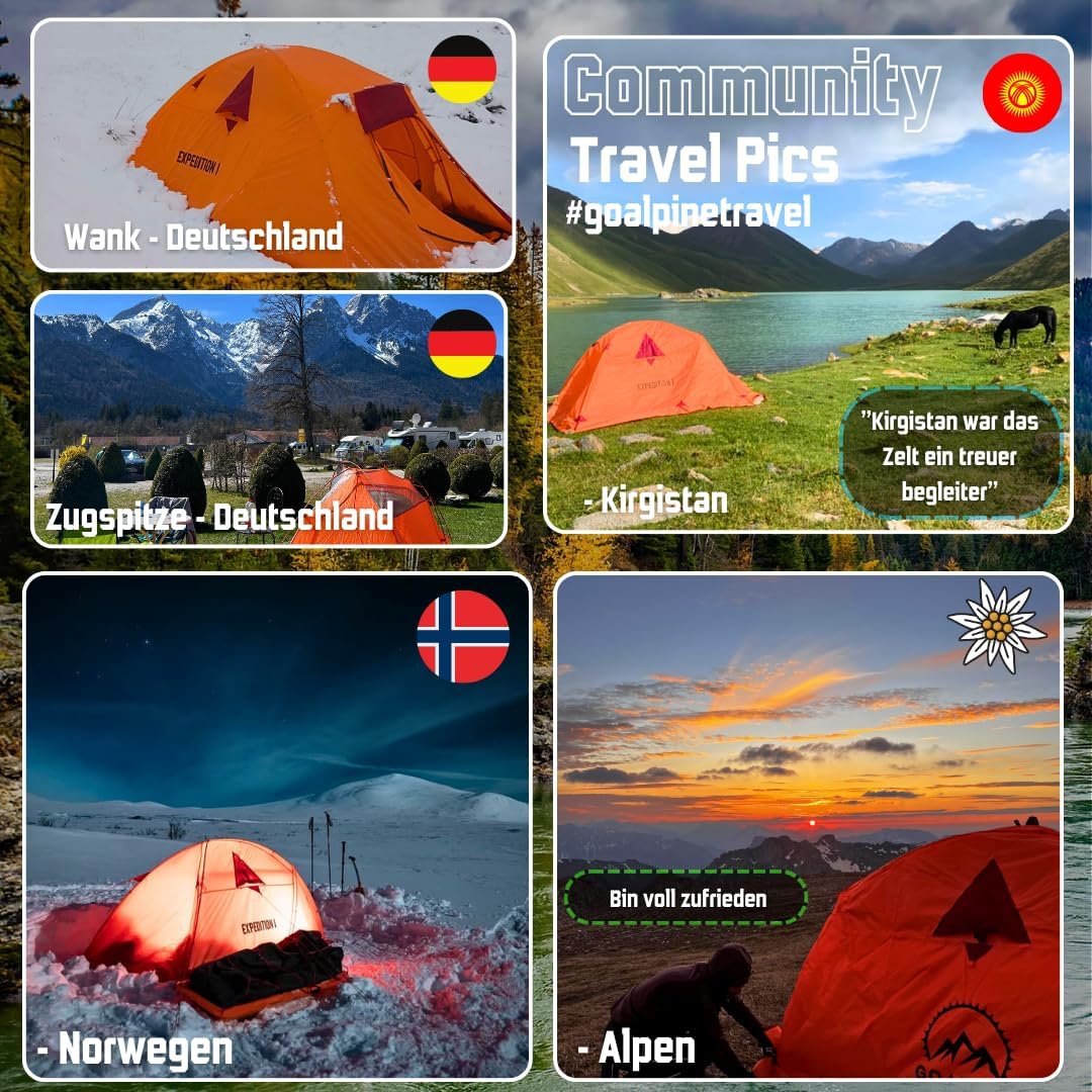G-OALPINE® EXPEDDITION I Tent voor 2 grote personen | waterdicht 4000mm | klein op te vouwen | voor wandelen, bergtochten & bikepacking | ultralicht | 4 seizoenen | snel op te bouwen