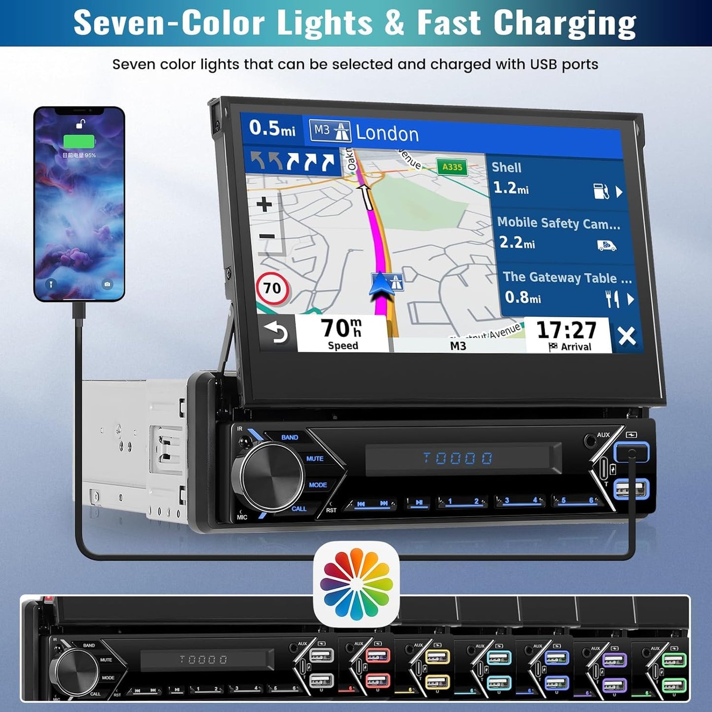 Android-autoradio 13 2G + 64G 1 Din met Wireless Carplay Android Auto, 7 inch flip-out touchscreen Bluetooth autoradio met Mirror Link WiFi GPS SWC FM RDS USB + achteruitrijcamera + MIC