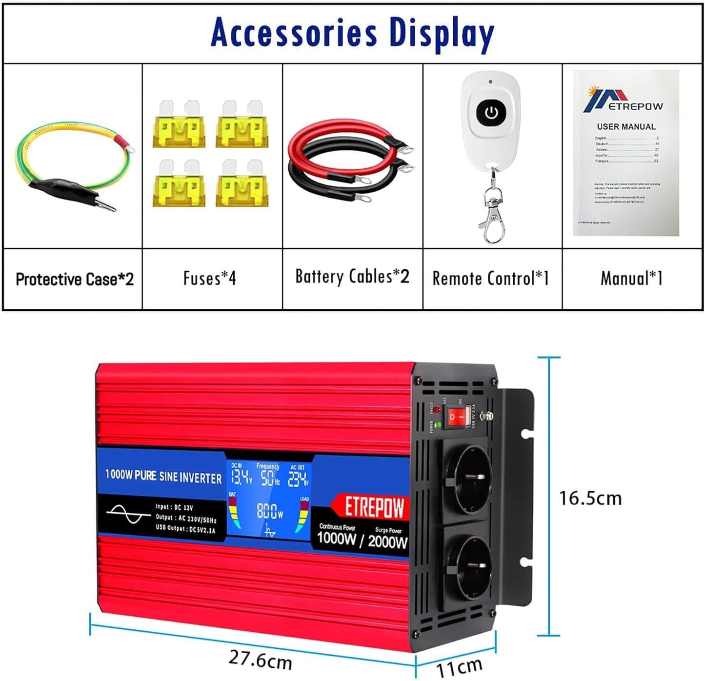 1000w/2000W Omvormer Zuivere Sinus Spanningsomvormer 12v 230v Stroomomvormers met 2 EU-stopcontact en 1 USB-poort, Draadloze Afstandsbediening, LCD-Scherm