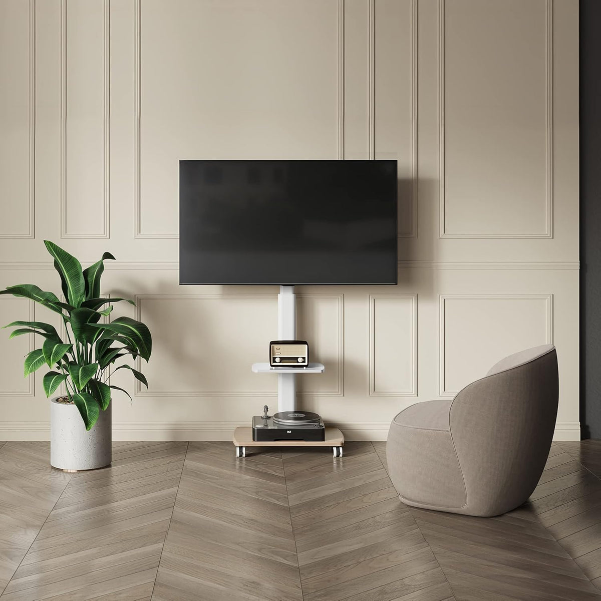 TV Standaard Verrijdbaar Wit – TV Trolley – TV Vloerstandaard – TV Stand Op Wielen – Mobiele TV Standaard – Geschikt Voor 32 Tot 70 Inch – Draaibaar En In Hoogte Verstelbaar