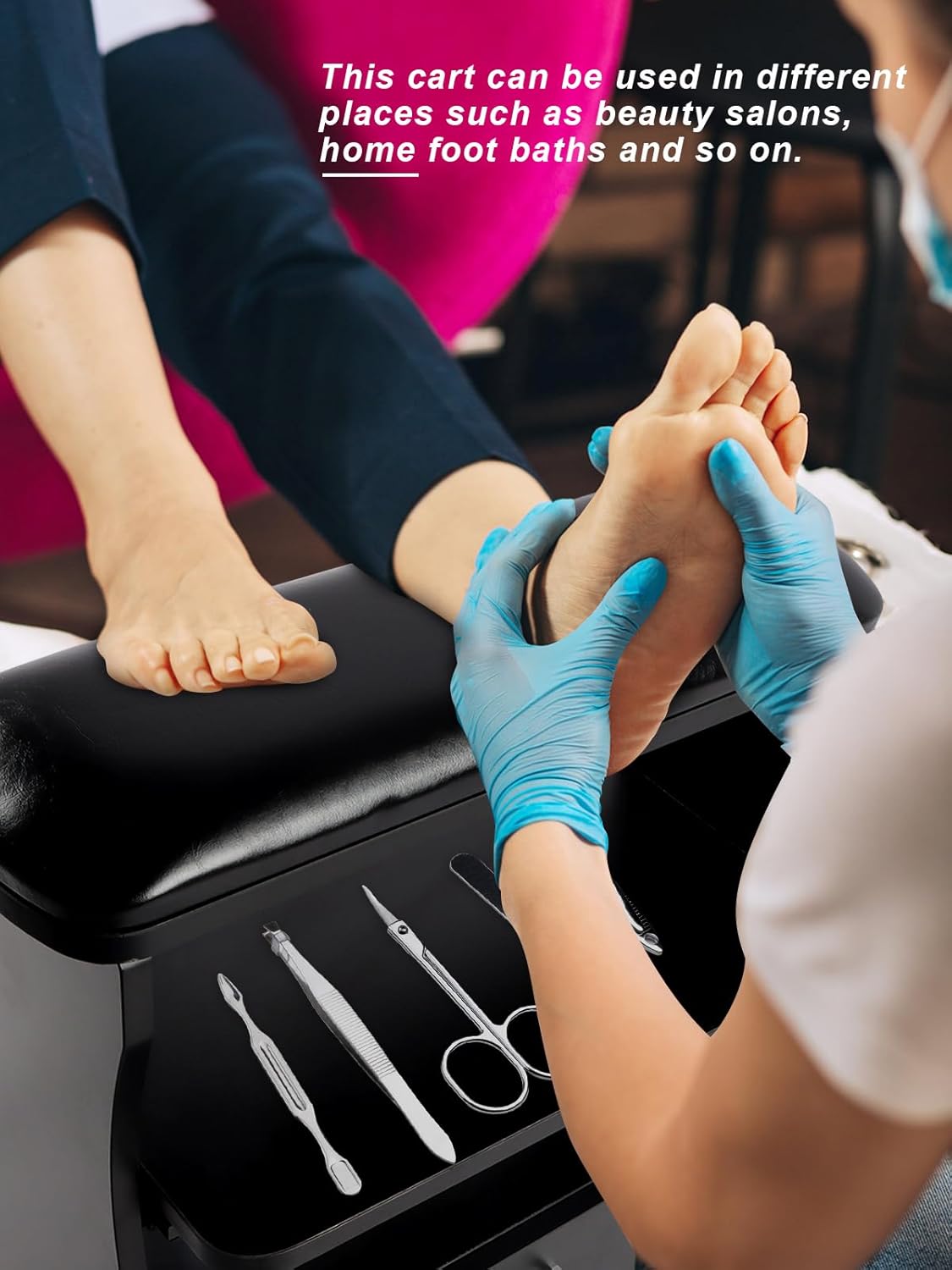 Pedicure voetsteun met wielen Zwart – Manicure voetsteun – Voetsteun – Pedicure voetrust – Voetsteun met opbergruimte – PU-Leren Bovenlaag – 4 Zwenkwielen Met Rem