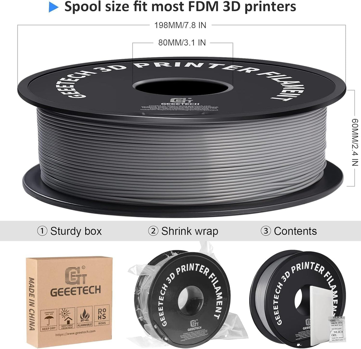 PLA Filament Grijs – 3D Printer Filament – 3D Printdraad – PLA Draad – 3D Printer Materiaal – 10 x 1 kg Spoelen – Hoge Nauwkeurigheid +/- 0,03 mm – Vacuümverpakt Met Droogmiddel