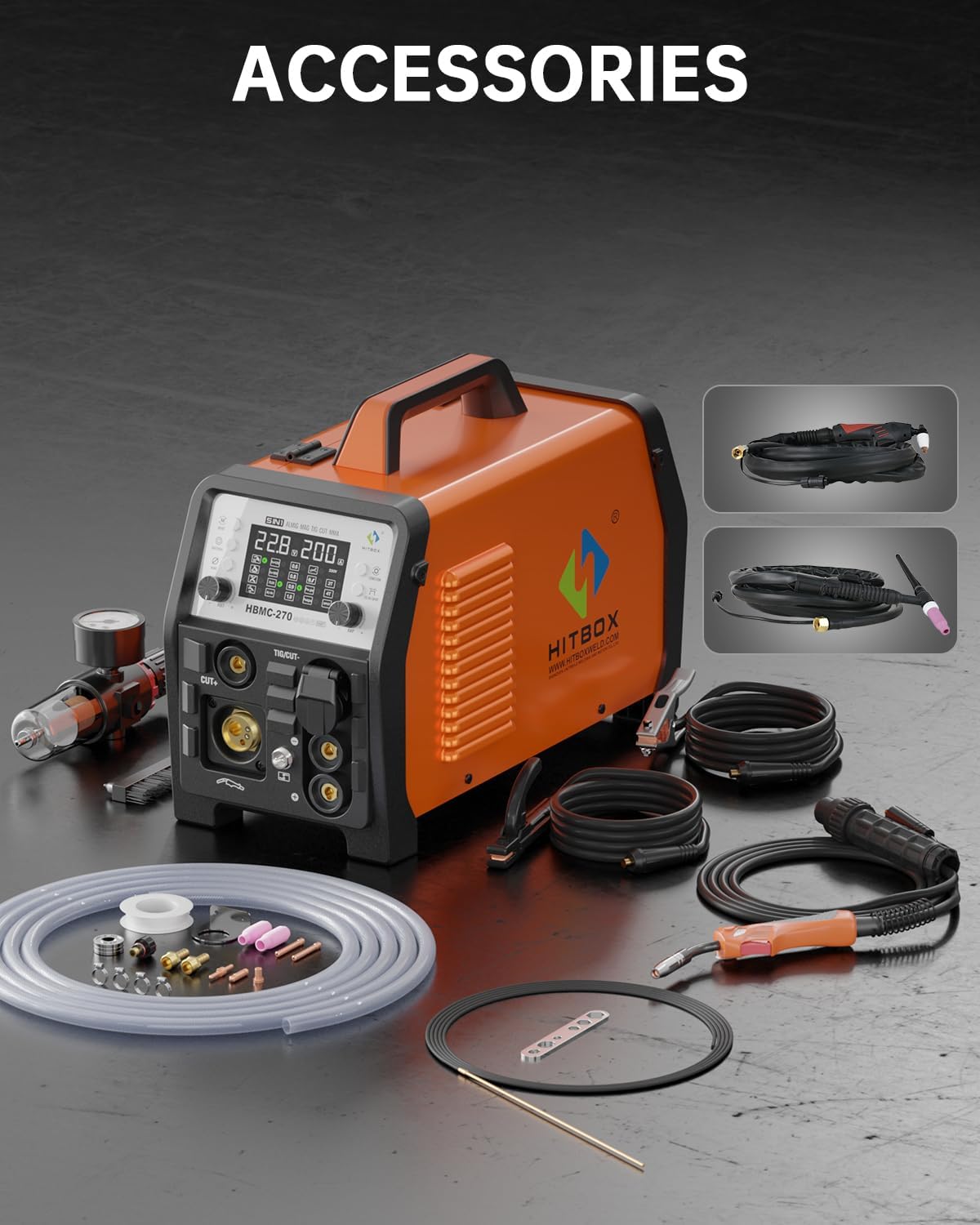 HITBOX Multifunctioneel Lasapparaat en Plasmasnijder Combo 200A 230V - MIG Puls Aluminium, MIG Gas, TIG HF, Plasma 40A, Beklede Elektrode, Punts lassen, Synergie, Groot Digitaal Display (HBMC270)