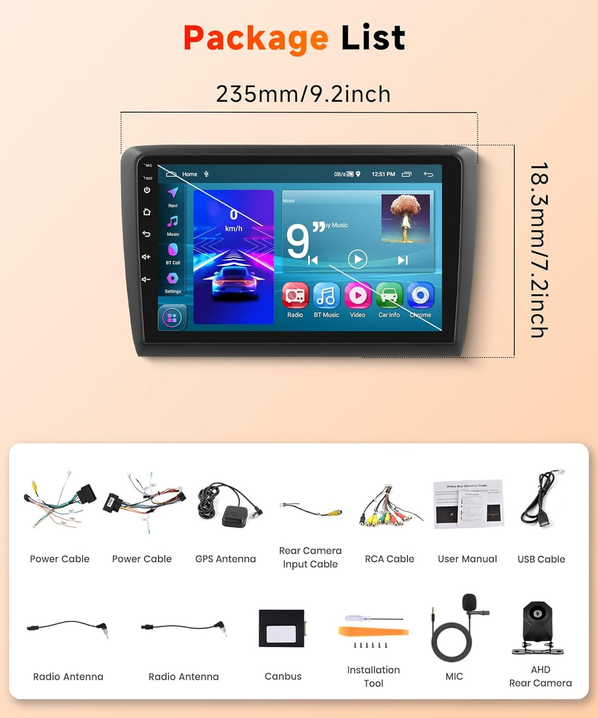 2G 64G VECHEL 9 inch autoradio voor Seat Ibiza 2016-2017 CarPlay, Android Auto, Android 15, equalizer, wifi, GPS, Mirror Link, Bluetooth, RDS/FM-radio met achteruitrijcamera AHD.