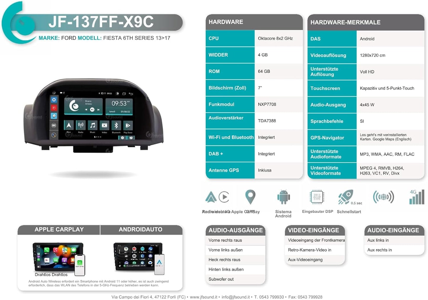 Autoradio Ford Fiesta – Inbouwradio – Navigatiesysteem – Multimedia Speler – Auto Stereo – 7 Inch Touchscreen – 8-Core Processor – Apple CarPlay & Android Auto