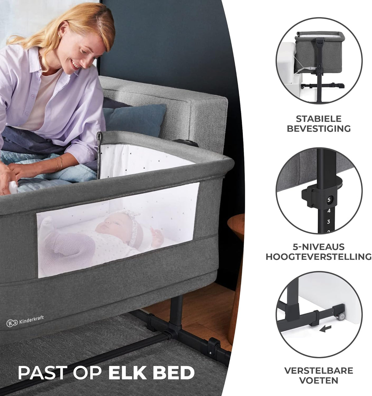 kk KinderKraft Kinderkraft NESTE GROW Baby Cot 3 in 1, Co Sleeper, Side Bed, Baby Cot from Birth to 2 Years, Height Adjustable, with Mattress Carry Bag, Soft Material, Grey - QUORE