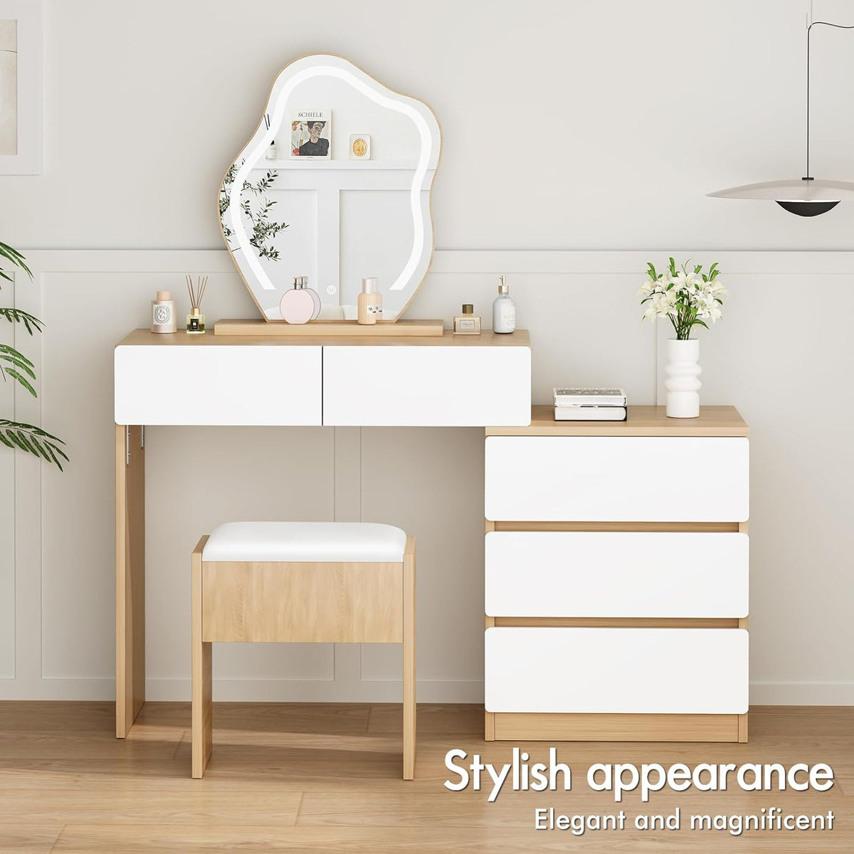 Make-uptafel – Kaptafel – Schminktisch – Make-up Bureau – Beautytafel – Wolkenvormige Spiegel – 10 Verstelbare LED-Lampen – Ruime Laden Met Kruk Opbergruimte