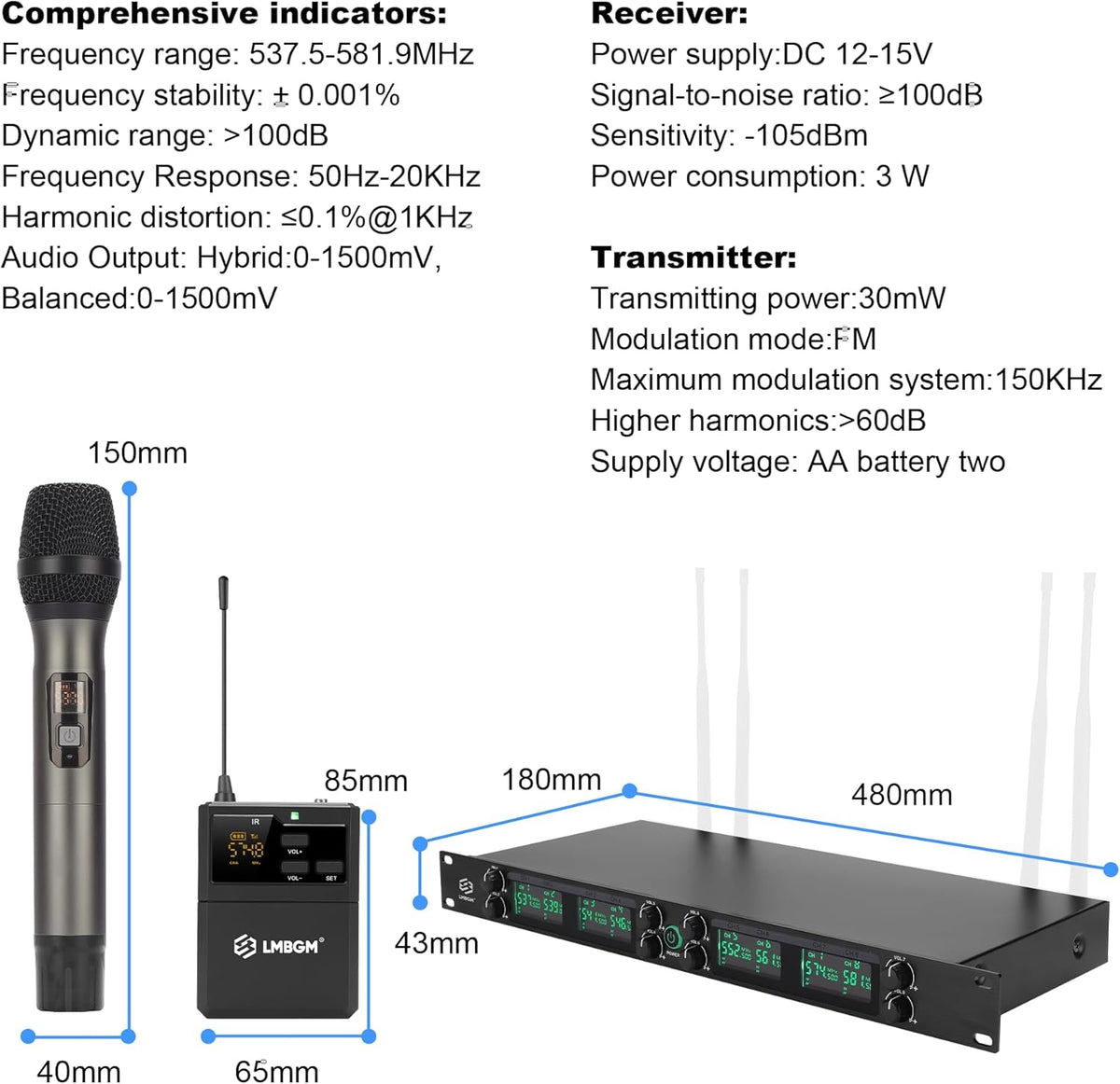Draadloos Microfoonsysteem – Draadloze Microfoonset – UHF Microfoonset – Microfoonset Voor Podium – Microfoonset Voor Karaoke – 8-Kanaals Met 4 Handmicrofoons En 4 Bodypacks – 24-Bit/96 kHz Audio En <5 ms Vertraging