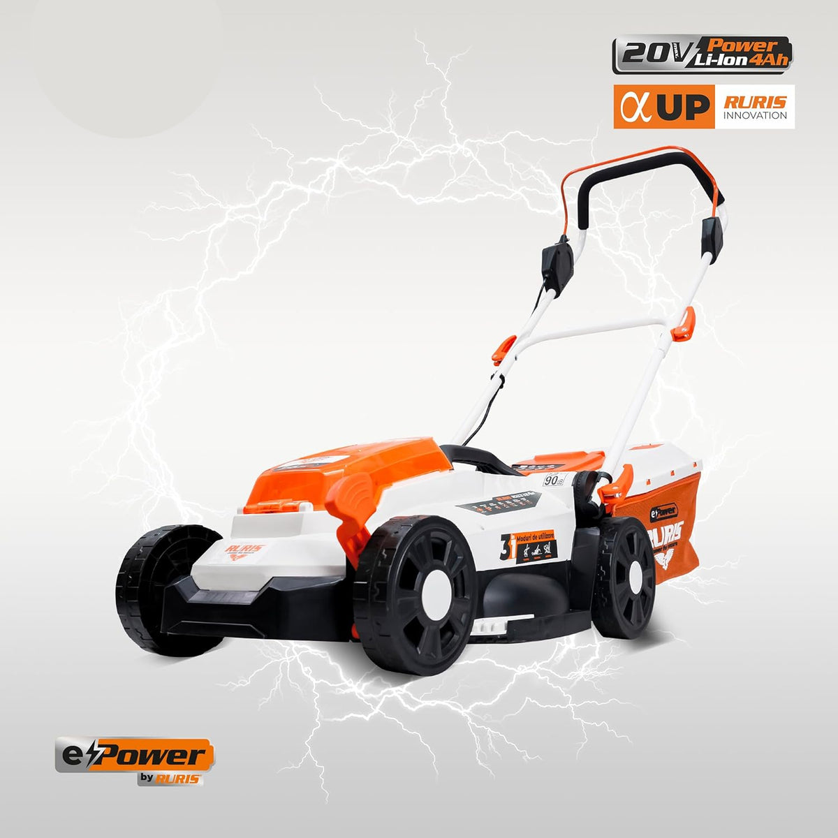RURIS Draadloze grasmaaier RXI3324e - maaibreedte 33 cm, hoogte 25-75 mm, 3-in-1 functie (ophalen, achteruitworp, mulching), Li-Ion-accu 20 V 4 Ah en oplader inbegrepen