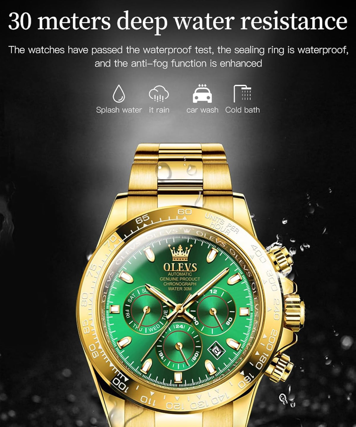 OLEVS Automatische herenhorlogemachine, timing, bezel mechanisch horloge, waterdicht en lichtgevend kalenderweek, roestvrijstalen precisieband