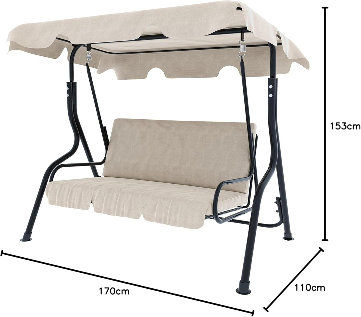 Schommelbank 3-zits met verstelbaar zonnedak, gevoerd kussen, robuust frame van gelakt staal, voor buiten, tuin, balkon, terras, zwembad, 170 x 110 x 153 cm (beige)